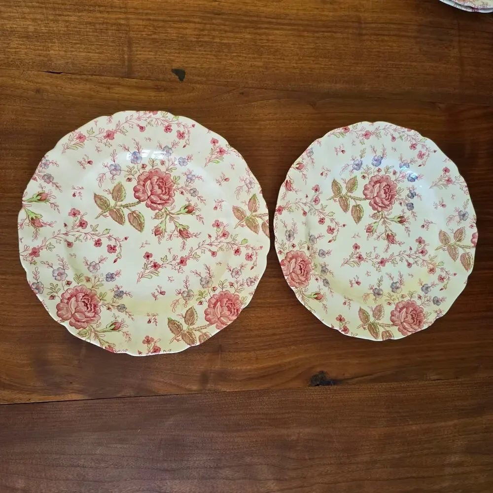 Vintage Johnson Brothers Rose Chintz Ironstone 2 Dinner Plates Cottagecore 1930s